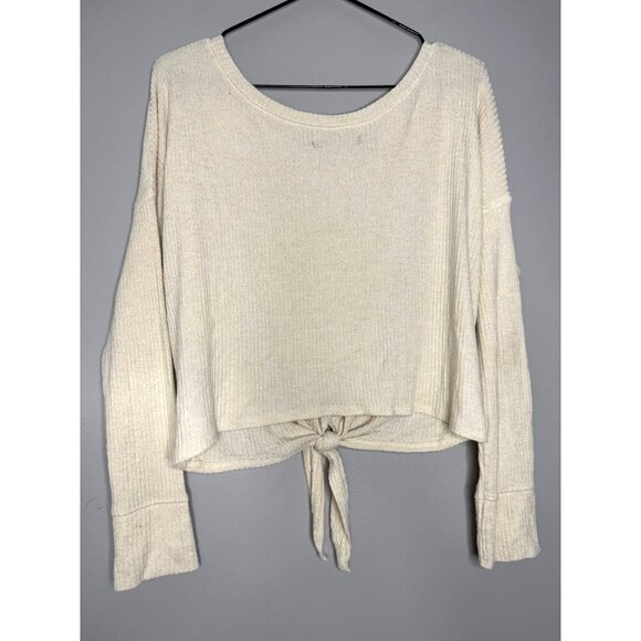 Abercrombie & Fitch Womens XS Oversized Ribbed Knit Tie-Front Cream Crop Top - Picture 4 of 9